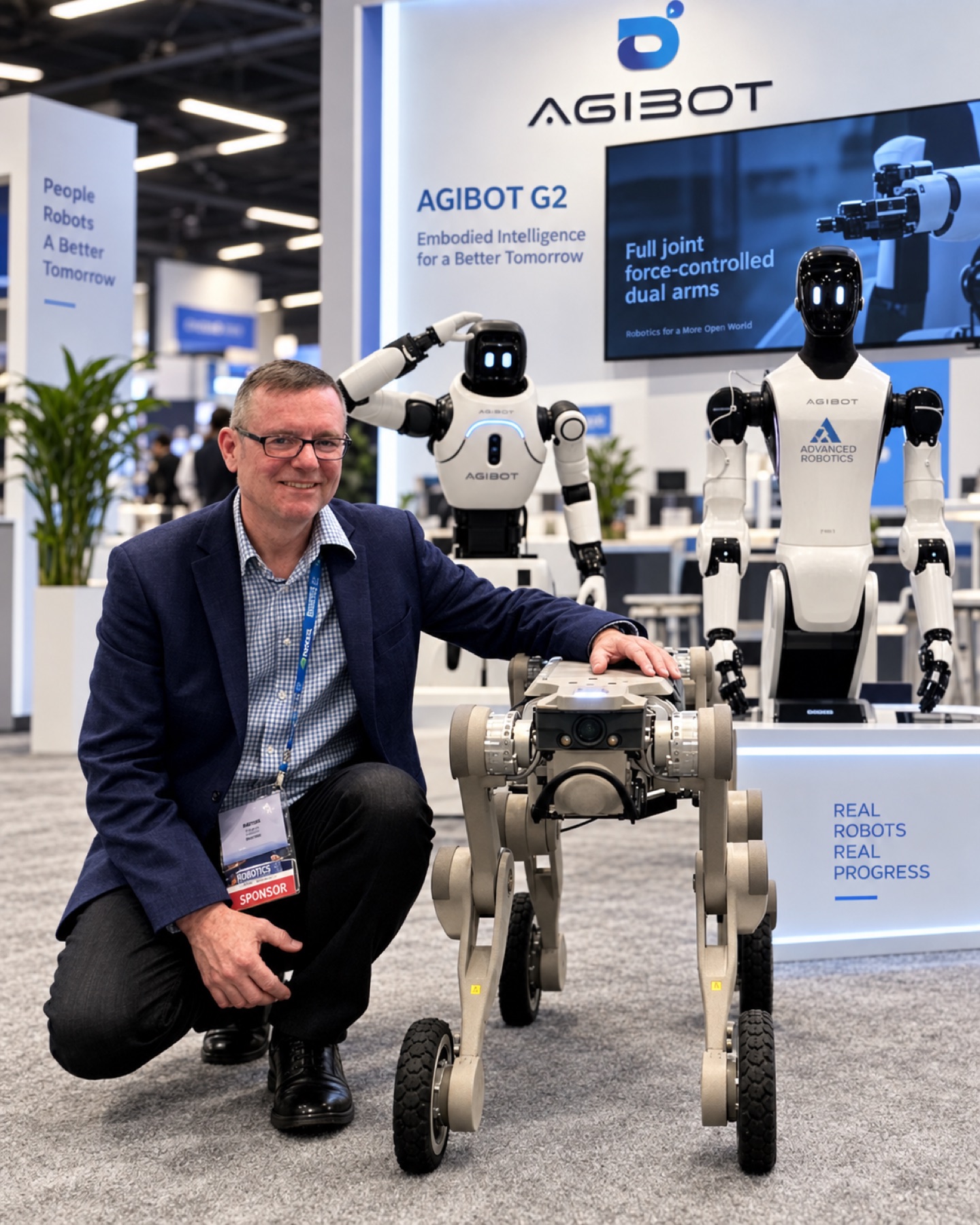 Adrian Tyson with humanoid and quadruped robots at an AGIBOT exhibition
